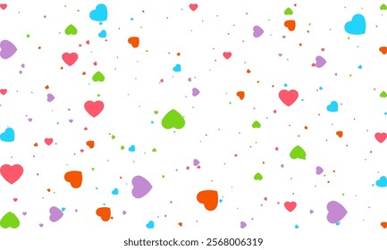 Heart Symbol on white background with spread confetti styel, Random colored heart shaped Spread confetti design. celebration template.