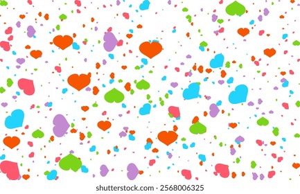 Heart Symbol on white background with spread confetti styel, Random colored heart shaped Spread confetti design. celebration template.