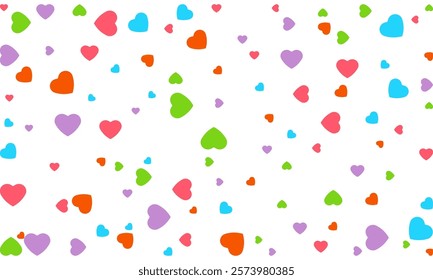 Heart Symbol on white background with spread confetti styel, Random colored heart shaped Spread confetti design. celebration template.