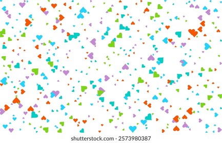 Heart Symbol on white background with spread confetti styel, Random colored heart shaped Spread confetti design. celebration template.