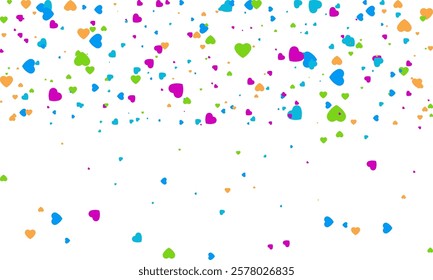 Heart Symbol on white background with spread confetti styel, Random colored heart shaped Spread confetti design. celebration template.