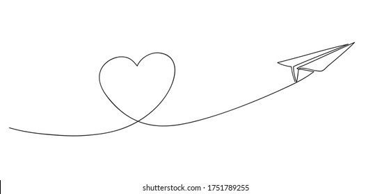 Heart symbol and paper airplane. Love voyage and travel concept. Continuous line art drawing vector illustration