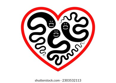 Heart symbol and parasitic worms inside. Concept of worm infection, heartworms, roundworms parasitizing in heart, helminthiasis and anthelmintic treatment