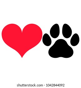 Heart symbol and a paw print silhouette, isolated.