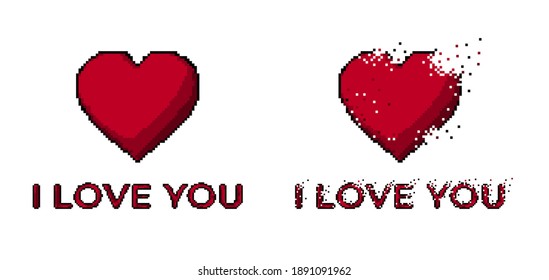 Heart symbol and phrase I love you pixel art isolated on white background