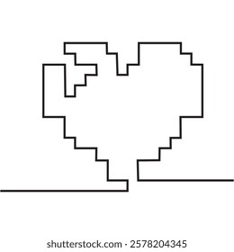 Heart symbol with pixel art style design continuous one line drawing