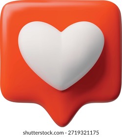 Heart symbol in red speech bubble 3D plastic style vector icon. Social media notification love and like symbol. Cartoon romantic comment, appreciative message. Follower emoji