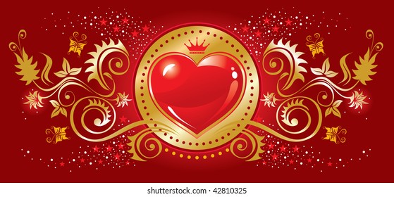 Heart symbol with a rich golden ornaments, vector illustration
