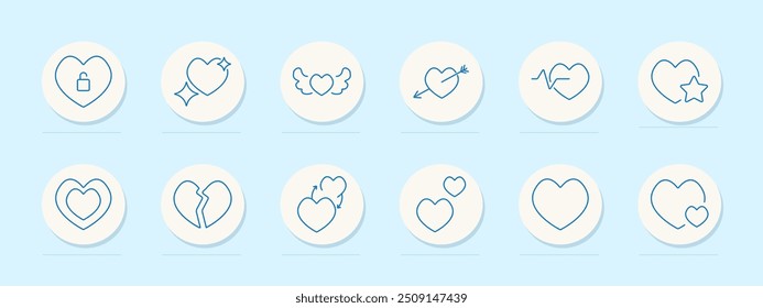 Ícone de conjunto de símbolos de coração. Trava, brilho, asas, seta, pulso, estrela, duplo, quebrado, troca, amor, romance, emoção, relacionamento, símbolo, afeto, sentimentos