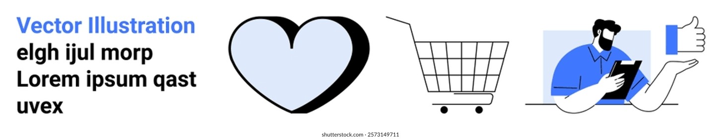 Heart symbol, shopping cart, and person with tablet and thumbs up icon. Ideal for e-commerce, online shopping, customer reviews, digital marketing, web design. Banner for landing page