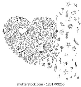 
Heart symbol from small icons. Valentine's Day. Heart falls apart on icons