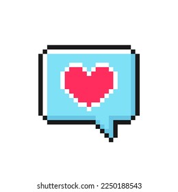 Heart symbol in speech bubble pixel icon. Social media notification symbol for Valentine's Day or birthday. Isolated on white background vector sign