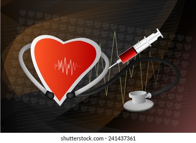 Heart symbol and stethoscope with normal electrocardiogram line, cardiac monitor, EPS10