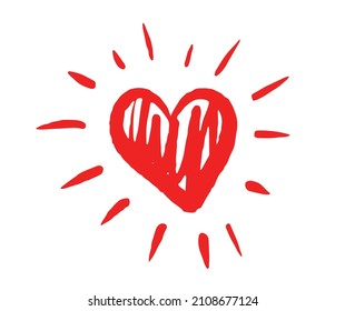 Heart symbol with sunburst, hand drawn illustration.