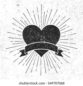 Heart Symbol With Sunburst And Scroll On Grunge Background