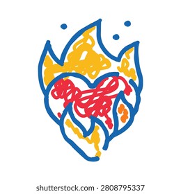 Heart symbol surrounded by flames and filled with abstract scribbles and lines, representing intense passion, fiery love, strong desire, energy, emotions, and feeling