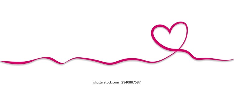 Heart symbol of valentines day. Line art style, wide banner with space for text and shadow on white background
