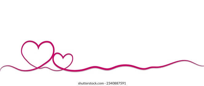 Heart symbol of valentines day. Line art style, wide banner with space for text and shadow on white background