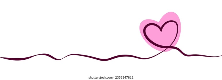 Heart symbol of valentines day. Line art style, wide banner with space for text on white background