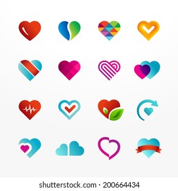 Heart symbol vector icon set. Collection of colorful signs. May be used in medical, dating, Valentines Day and wedding design.