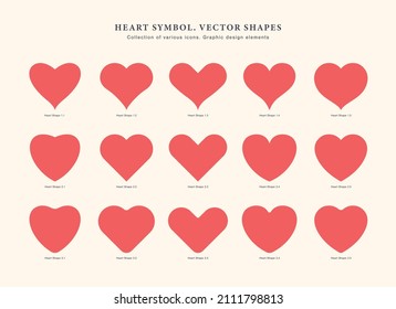 Heart Symbol Vector Red Shapes Collection Of Various Flat Icons Isolated On Light Background. Valentines Day Assorted Different Hearts Graphic Love Symbol Design Elements Set. Modern Heart Sign Group