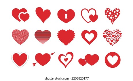 Colección de formas rojas vectoriales de símbolo del corazón. Varios iconos planos aislados en fondo blanco. El Día de San Valentín tiene corazones diferentes. Conjunto de elementos de diseño de signo de amor