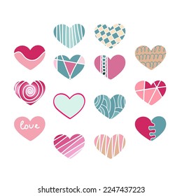 Heart Symbol Vector Red Shapes Collection Of Various Flat Icons Isolated On Light Background. Valentines Day Assorted Different Hearts Graphic Love Symbol Design Elements Set, Modern Heart Sign Group