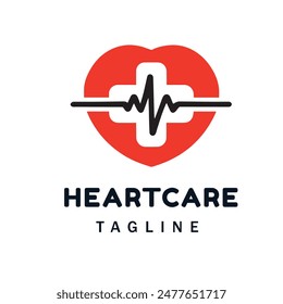 Símbolo del corazón con una cruz blanca en el centro y una línea de latidos cruzándolo. Este logotipo es adecuado en el campo de la cardiología, hospitales, clínicas de salud, o servicios médicos que priorizan el corazón h