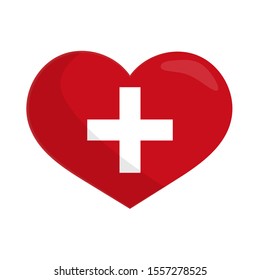 Heart symbol with white cross isoalted on white background. Concept of cardiology.