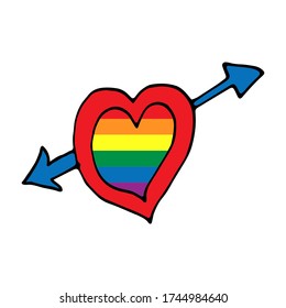 heart symbolizing gender signs in doodle style. Love concept. Mars shield. Hand drawn vector illustration on white background.Cute cartoon line art design.