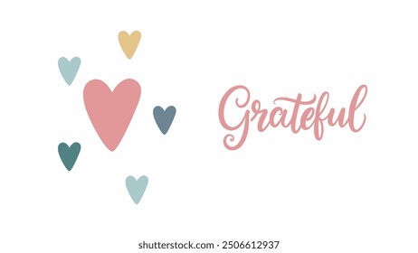 Heart symbols and hand lettering word Grateful. Vector illustration.