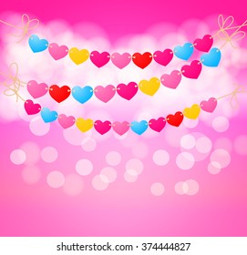 heart symbols hanging on rope, on pink light effects background. vector