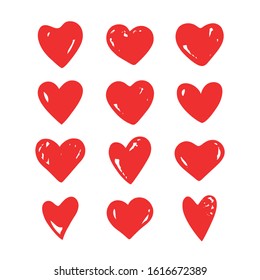 Heart symbols isolated on a white background. Red hand drawn icons for love, wedding, Valentine's day or other romantic design. Set of 12 various shapes with grunge texture. Vector illustration.