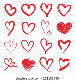 Heart symbols are isolated on a white background. Red hand-drawn icons for love, wedding, Valentine's day, or other romantic design. Set of 16 various shapes with grunge texture. Vector illustration.