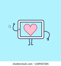 Heart in tablet. Vector concept illustration of love and emotions inside technology | flat design linear infographic icon on blue background