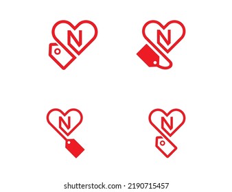 Heart Tag Logo Concept sign icon symbol Design Line Art Style with Letter N. Love, Shopping Logotype. Vector illustration logo template