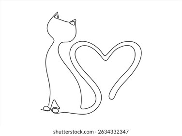 Desenho de logotipo de silhueta de gato com cauda de coração. Silhueta de contorno de um gato sentado com um design de logotipo de cauda em forma de coração.