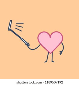 Heart taking selfie with selfie stick| flat design linear infographic icon on orange background