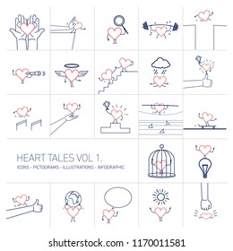 Heart tales volume 1, Vector concept illustrations set of heart in different funny situations | multicolor flat design linear icons set and infographic red and blue on white background