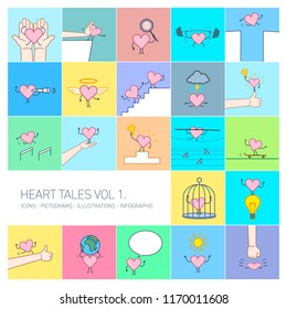 Heart tales volume 1, Vector concept illustrations set of heart in different funny situations | multicolor flat design linear icons set and infographic on colorful background