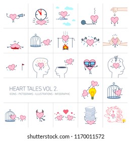 Heart tales volume 2, Vector concept illustrations set of heart in different funny situations | multicolor flat design linear icons set and infographic colorful on white background