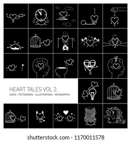 Heart tales volume 2, Vector concept illustrations set of heart in different funny situations | multicolor flat design linear icons set and infographic white on black background