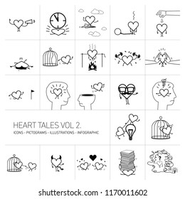 Heart tales volume 2, Vector concept illustrations set of heart in different funny situations | multicolor flat design linear icons set and infographic black on white background