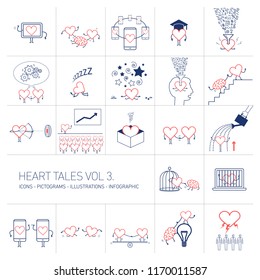 Heart tales volume 3, Vector concept illustrations set of heart in different funny situations | multicolor flat design linear icons set and infographic red and blue on white background