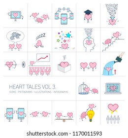 Heart tales volume 3, Vector concept illustrations set of heart in different funny situations | multicolor flat design linear icons set and infographic colorful on white background