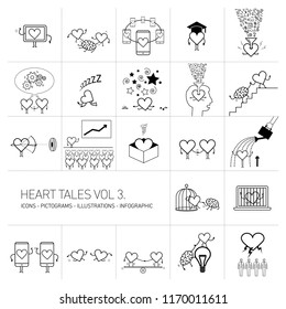 Heart tales volume 3, Vector concept illustrations set of heart in different funny situations | multicolor flat design linear icons set and infographic black on white