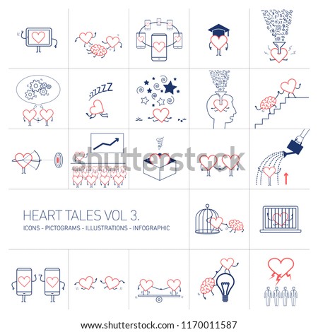 Heart tales volume 3, Vector concept illustrations set of heart in different funny situations | multicolor flat design linear icons set and infographic red and blue on white background