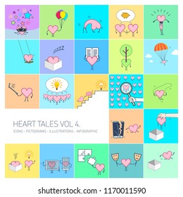Heart tales volume 4, Vector concept illustrations set of heart in different funny situations | multicolor flat design linear icons set and infographic on colorful background
