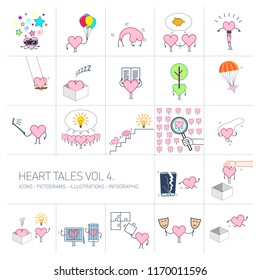 Heart tales volume 4, Vector concept illustrations set of heart in different funny situations | multicolor flat design linear icons set and infographic colorful on white background