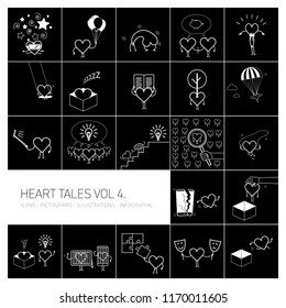 Heart tales volume 4, Vector concept illustrations set of heart in different funny situations | multicolor flat design linear icons set and infographic white on black background